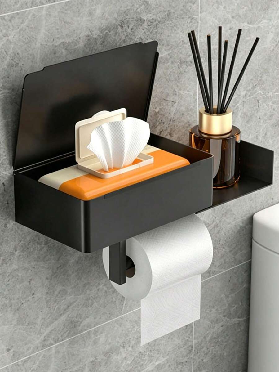 1pc Minimalist Black Wall-Mounted Toilet Paper Holder, Multifunctional Phone Holder, Suitable For Bathroom Decor, Autumn Decor - Black - View 1