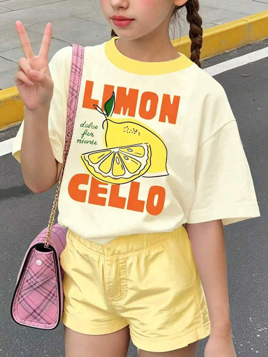 Conjunto informal de camiseta de manga corta con estampado de letras y pantalones cortos para niñas preadolescentes - Amarillo - Ver 1