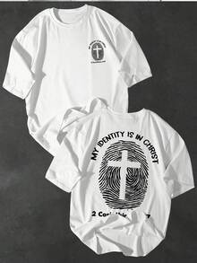 Men's Simple And Stylish Short Sleeves T Shirt,Printed With Christian Identity Markings,Fingerprint And Cross Pattern,Suitable For Daily Leisure And Commuting. - White - View 1