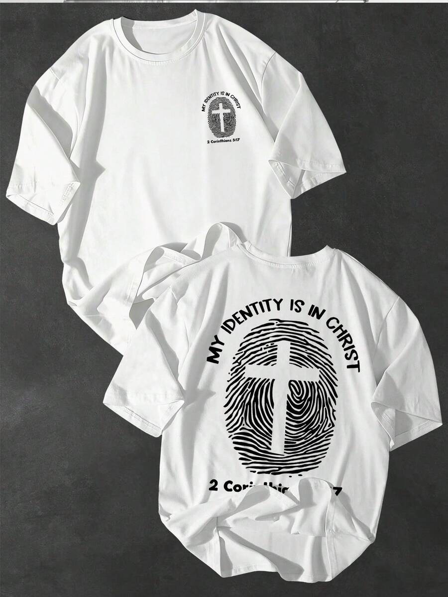 Men's Simple And Stylish Short Sleeves T Shirt,Printed With Christian Identity Markings,Fingerprint And Cross Pattern,Suitable For Daily Leisure And Commuting. - White - View 1