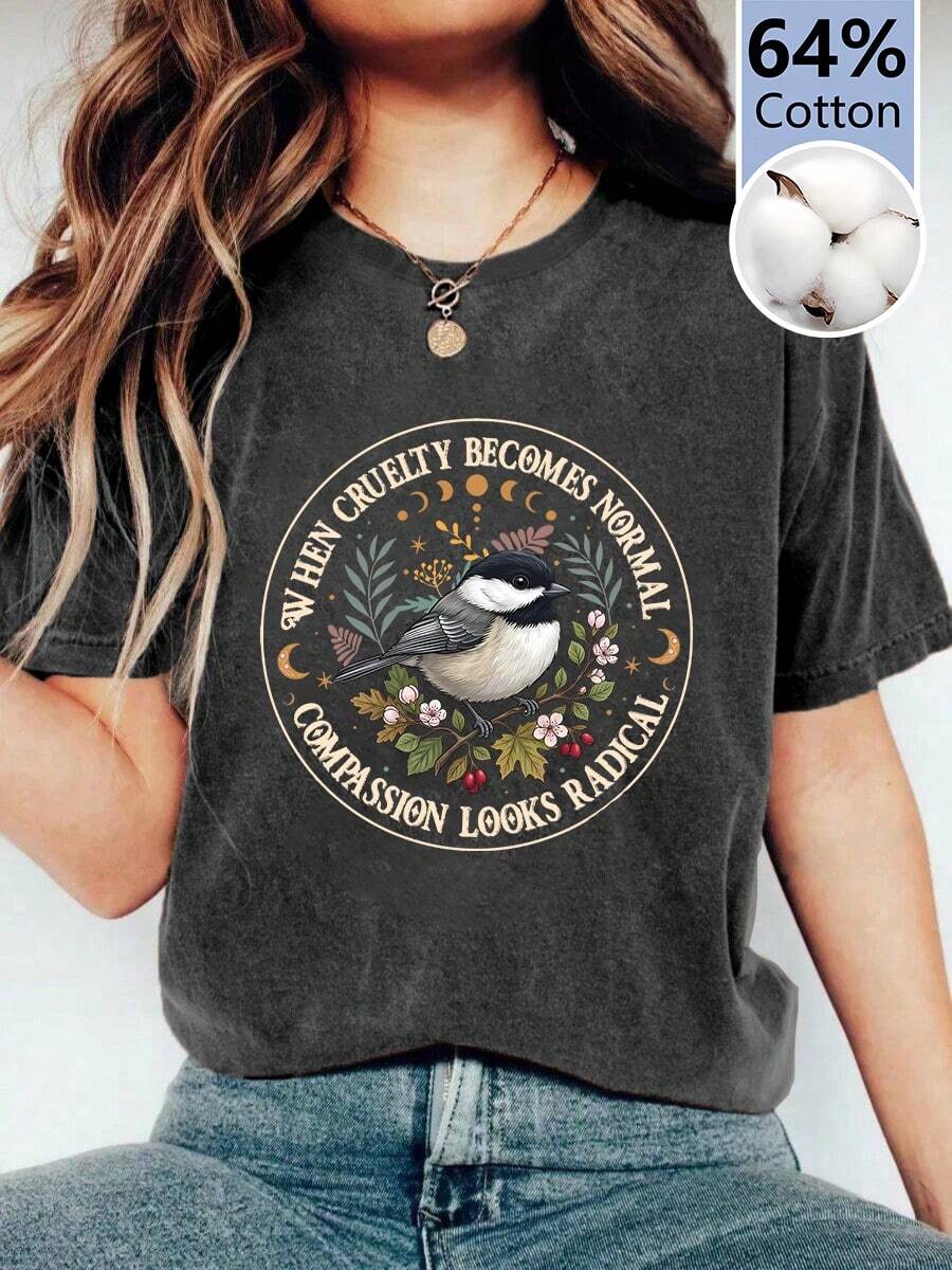 Áo thun nữ mùa hè in họa tiết đồ họa, màu trơn giặt wash, phong cách casual retro, dáng rộng, cổ tròn, tay ngắn, chất cotton, màu đen - màu đen - Xem 1