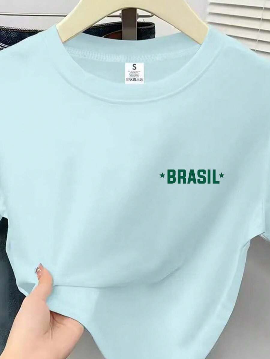 Women's Cropped Top, Brazil Fan Club, Small Printed Blouse, Short Sleeve T-Shirt, Round Neck, New Arrival - Baby Blue - View 1