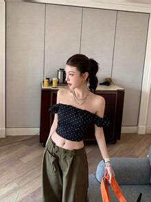 新款夏季法式波點性感露肩女款時尚短版上衣，黑色，美學風格 - 黑色 - 查看 2