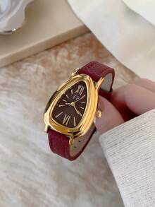 1pc Women's Oval Roman Numeral Casual Elegant Quartz Wristwatch, Suitable For Daily Wear - Red - View 3
