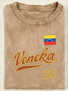 Modern Minimalist T-Shirt, 230g Washed T-Shirt, Vintage Pink Round-Neck T-Shirt, Decorated With A  Flag Pattern And The Words "Veneka 58", Vintage Cas - 棕色 - 查看 1