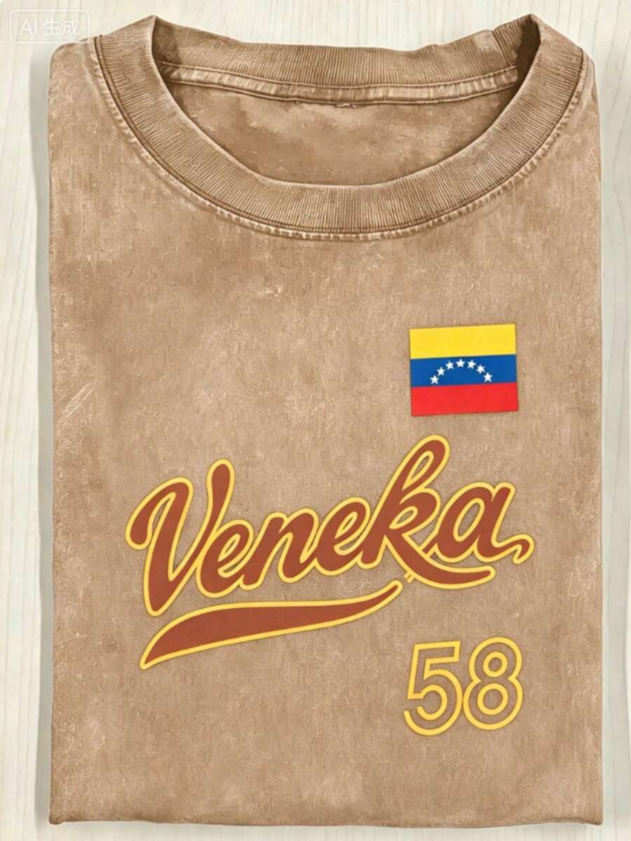 Modern Minimalist T-Shirt, 230g Washed T-Shirt, Vintage Pink Round-Neck T-Shirt, Decorated With A Flag Pattern And The Words "Veneka 58", Vintage Cas - 棕色 - 查看 1