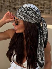 1pc Women's Large Floral Print Scarf, 90cm Big Size Satin Silk-Feel Square Scarf Headscarf - Black - View 3