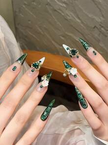 10片手工壓製長尖甲片，精緻假指甲，「飛銀花雲」暗黑風黑色粉末金屬銀漸層3D花朵指尖甲，適合女性 - 綠色 - 查看 4