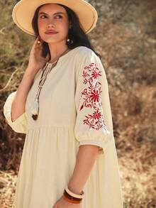 Vestido largo de mujer talla grande con estampado tropical de plantas en rosa y verde, vestido casual suelto con cuello en V y lazo, manga larga, para principios de otoño - Beis - Ver 1