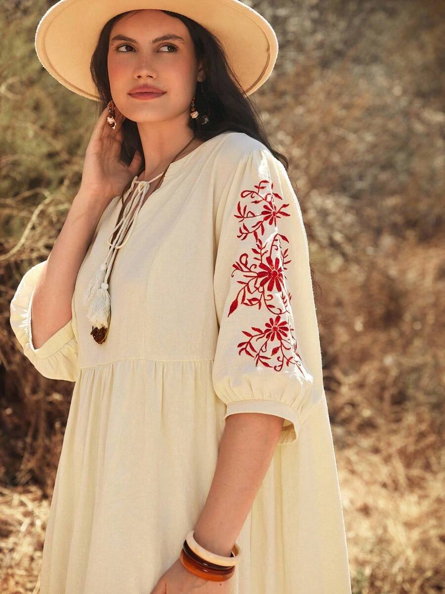 Vestido largo de mujer talla grande con estampado tropical de plantas en rosa y verde, vestido casual suelto con cuello en V y lazo, manga larga, para principios de otoño - Beis - Ver 1