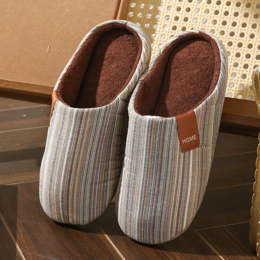Minimalist Style Thin Striped Fabric Bedroom Indoor Home Slippers For Women And Men, Slip-On Soft Sole Quiet - Apricot - View 1