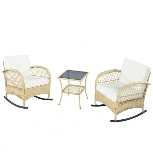 Rattan Balcony Set (3 Pieces), Grey Cushions, 160 Kg Load Capacity - Beige - View 1