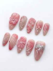 10入手工中號杏仁形穿戴式假指甲，3D粉色花卉與銀色蝴蝶結法式指尖美甲裝飾，可拆卸可重複使用美甲組（含果凍膠與指甲銼條） - 粉色 - 查看 4