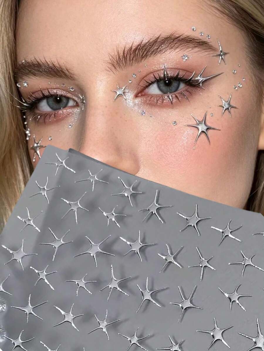 1片銀色不對稱星星臉部貼紙,3D金屬星星眼妝飾貼紙,免膠水自黏防水防汗臉部裝飾,音樂節派對舞台妝容DIY美妝貼紙,多尺寸組合臉部配件 - 彩色 - 查看 1