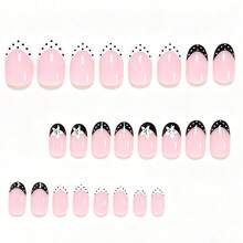 24Pcs Medium Almond Press-On Nails, Nude Pink Base With Black & White Polka Dot French Tips, White Flower Accents, Cute Retro Wearable Nail Kit For Women, Reusable - Multicolor - View 5