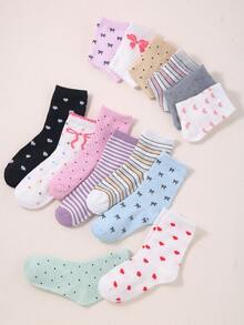 20 Pairs Girls Cute Bowknot Crew Socks, Sweet Balletcore Coquette Patterned Ankle Socks, Ribbed Knit Soft Casual Daily Socks Pack For Kids / Teens - Multicolor - View 5
