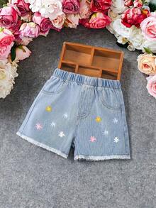 Shorts en jean droits pour tout-petites filles, avec ourlet déchiré, imprimé floral et couleur unie. Convient pour les loisirs et les jeux en extérieur, été - Jean clair - Voir 1