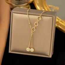 1pc Elegant Minimalist Hollow Round Collarbone Necklace, Fashion Accessory Roman Circle White Rhinestone Tassel Pendant Necklace - A - View 4