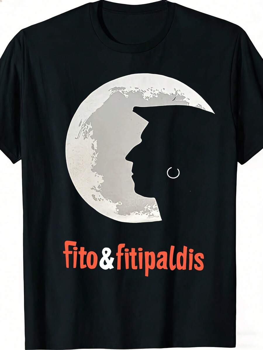 T-shirt neutre Fito And Fitipaldis avec design de visage de lune, noir, tenue décontractée, cadeau pour les fans de musique, 1 pièce mode et polyvalente, 226 NOUVEAU - Noir - Voir 1