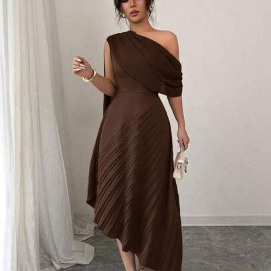 LunaCass8 Vestido plisado sin mangas con cuello de bufanda elegante y fluido, brillante, para primavera/verano - Café integral - Ver 1
