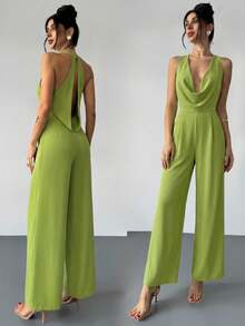Pantalones anchos de pierna blanca con cintura ceñida, escote profundo en V y espalda descubierta, elegantes y modernos, apropiados para ir al trabajo, citas románticas, fiestas sexys, vacaciones en la playa, festivales, San Valentín, temporada de bodas - Verde - Ver 1
