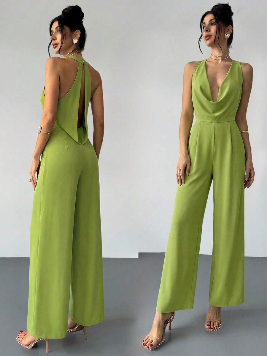 Pantalones anchos de pierna blanca con cintura ceñida, escote profundo en V y espalda descubierta, elegantes y modernos, apropiados para ir al trabajo, citas románticas, fiestas sexys, vacaciones en la playa, festivales, San Valentín, temporada de bodas - Verde - Ver 1