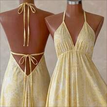 Women's Summer Vacation Style Printed Open Back Drawstring Dress - Amarillo - Ver 6