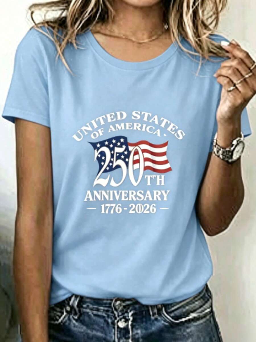 Loose V Neck Red Women's Tee Curved American Text Floating Star Strip Flag Print, Silky Smooth Top For Patriotic Anniversary Holiday Wear - 淺藍色 - 查看 1