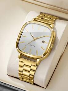 2pcs/Set Men's Luxury Business Watch Set, Silver And Gold Dual-Tone Stainless Steel Strap, Square Frosted White Dial. Clear Bar Markers For Easy Reading, Built-In Date Display Window, Minimalist Lines Highlight Premium Texture. - Multicolor - View 9