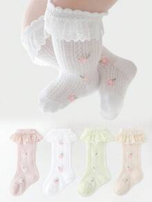 Conjunto de 4 pares de calcetines con volantes y patrón floral de princesa para bebé niña, cómodos, transpirables, de malla y encaje, adecuados para uso diario informal o para la temporada de bodas - Multicolor - Ver 7
