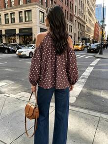 New Vintage French Style Women's Brown With White Polka Dot Halter Neck Cold Shoulder Top, Lazy Puff Sleeve Loose Flattering Polka Dot Blouse, Puff Sleeve Loose Asymmetrical Hem Commute Elegant Shirt For Women - Rust Brown - View 9