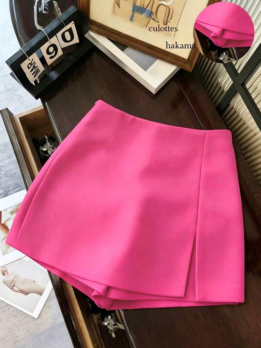 Women's High-Waisted Shorts/Skirt/Culottes Made Of Soft, Textured Fabric With A Slit, Versatile For Work Or Casual Wear, In Grey, For Spring/ - 紅色 - 查看 1