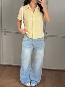 Women's Front Button Striped Shirt, Office Daily Commute Vacation Summer Casual Blouse - Yellowish-white - View 5