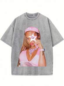 Women's Grey Washed Y2K Star Graphic Print Oversized T-Shirt, Short Sleeve Round Neck Cotton Streetwear Top - 深灰色 - 查看 1