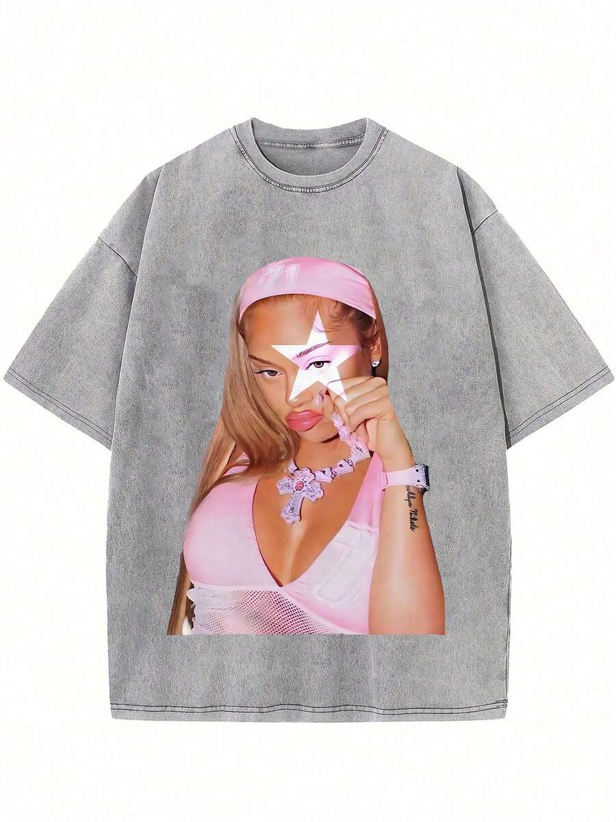 Women's Grey Washed Y2K Star Graphic Print Oversized T-Shirt, Short Sleeve Round Neck Cotton Streetwear Top - 深灰色 - 查看 1