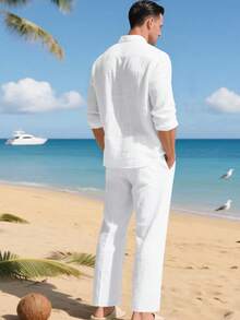 2026 New Men's Linen Long Sleeve Shirt Set Lapel Collar Breathable Beach Vacation Casual Outfit - 白色 - 查看 2