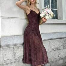 Vestido ajustado de tirantes con lunares negros para mujeres - Café integral - Ver 1