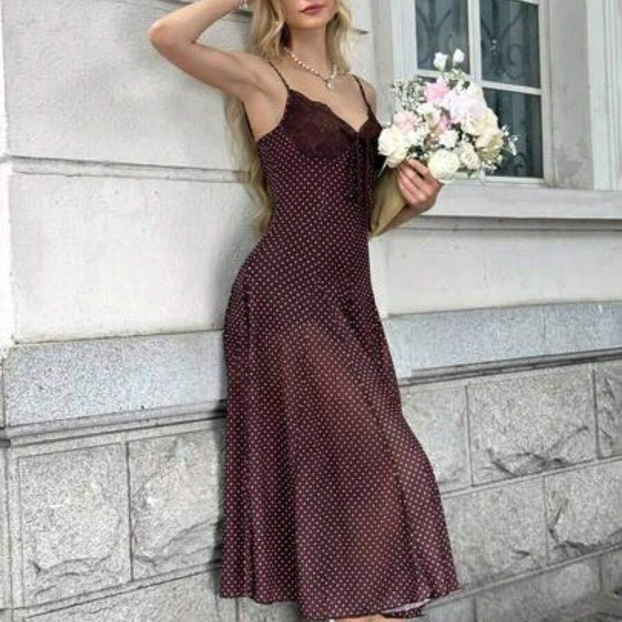 Vestido ajustado de tirantes con lunares negros para mujeres - Café integral - Ver 1