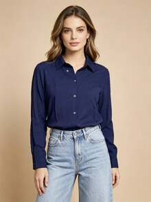 Women's Long-Sleeved Shirt Made Of Beautiful Viscose Fabric. - 藏蓝色 - 查看 4
