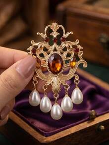 1pc Retro Palace Style Rhinestone Tassel Pearl Brooch, Elegant Women's Daily Wear Clothing Accessory - Yellow - View 1