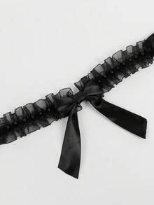 Romantic Black Mesh Choker With Satin Bow And Bead Embellishments, Ruffle Neck Decor, Suitable For Brides, Parties And Lingerie - Black - View 5