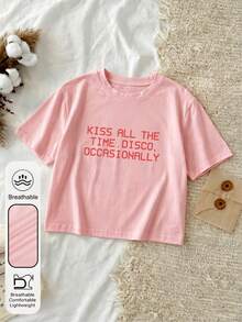 Top casual de verano para mujer estilo Y2K con estampado Kiss All The Time/Disco Occasionally, cuello redondo y manga corta, color rosa - Rosa - Ver 5