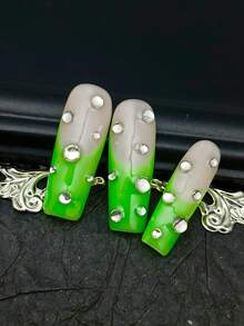 DIY 10pcs Night-Light French Tip Western/Goth Junk Punk Green Nails Long Square Handmade Press On Nails With Shinning Nail Surface Covering With Diamonds Suitable For Daily Use/Parties/Halloween Nails To Use Wear With Free Gel Sticker Nail File. - 綠色 - 查看 5