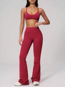 NcmRyu Women's One Set Solid Color V-Neck Multi-Strap Crisscross Back Hollow Out Backless Sports Bra High-Waist Flare Pants Sports Set - Red - View 5