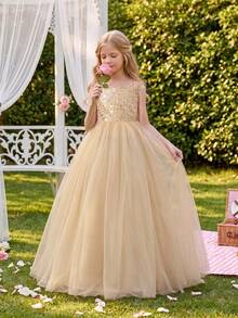 Tween Girl Elegant Bowknot Floral Dress, Suitable For Girls' Wedding, Party, Birthday, Prom And Other Formal Occasions - Champagne - View 3