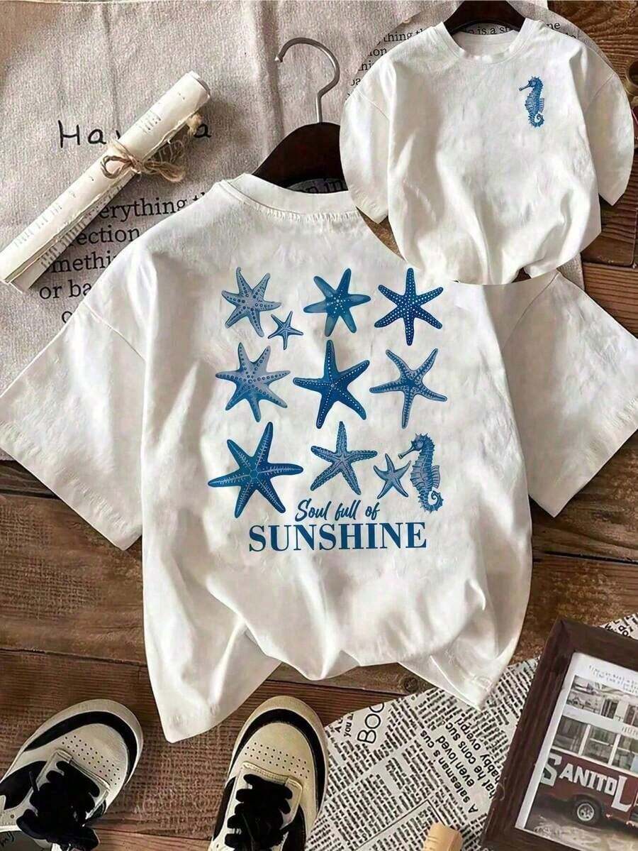 Minimalist. 100% Cotton. 1 Piece. Women's Casual Starfish And Letter Print T-Shirt, Crew Neck, Short Sleeve, Summer Tops, Summer Clothing, Shirts, Spring Outfits For Women, Summer Graphic T-Shirts, Women's T-Shirts. Spring/Summer Top. - 白色 - 查看 1