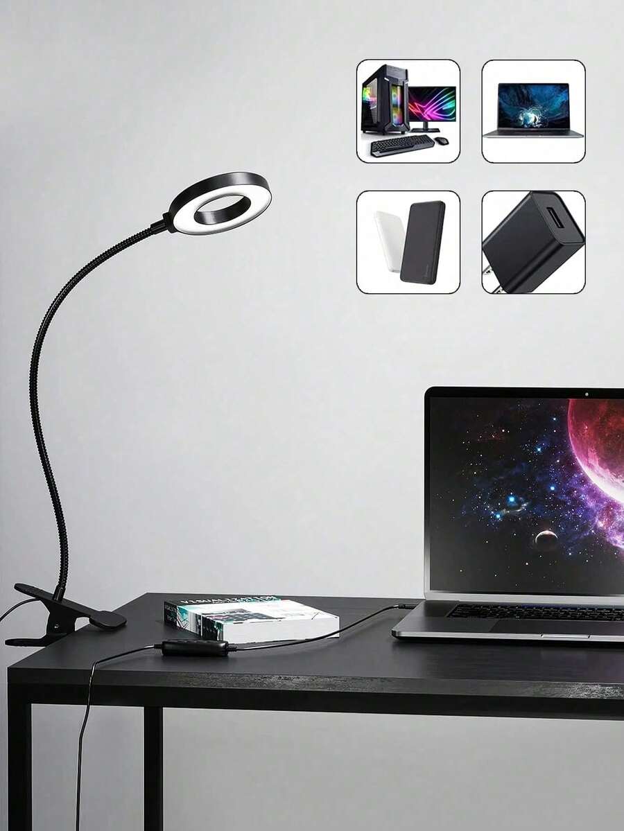 3合1閱讀燈，可調節光色與10級亮度，靈活鵝頸設計，USB 5V供電，夾式設計適用於閱讀、辦公、護眼。適合居家辦公、床頭、電腦、視訊通話、手工藝、會議、美甲、辦公室、書房等場景。