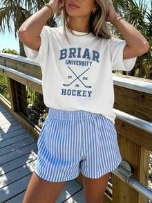 BRIAR Women's College Hockey Theme Print Short Sleeve T-Shirt, Print Design, Crew Neck, Soft, Breathable.Spring Summer Top - 白色 - 查看 6