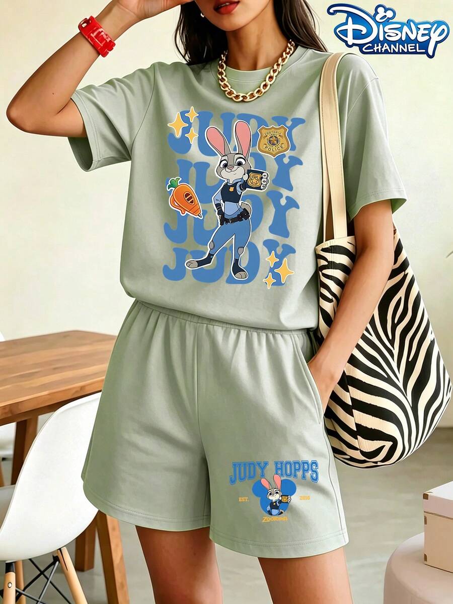 Disney Zootopia Judy Hopps Printed Casual Set, Breathable Summer T-Shirt & Shorts Two-Piece Outfit, Loose & Comfortable For Home, Sports & Daily Wear, Unisex Couple Style, Perfect Gift Choice, Local Warehouse Fast Shipping & Quick Arrival - 綠色 - 查看 1