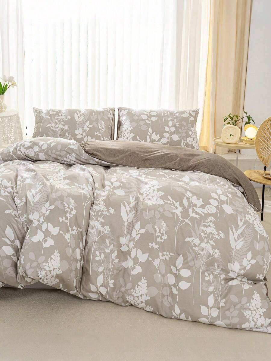 3pcs Leaf & Floral Pattern Bedding Set (1 Duvet Cover And 2 Pillow Shams), Soft & Skin-Friendly, Suitable For All Seasons - Multicolor - View 1